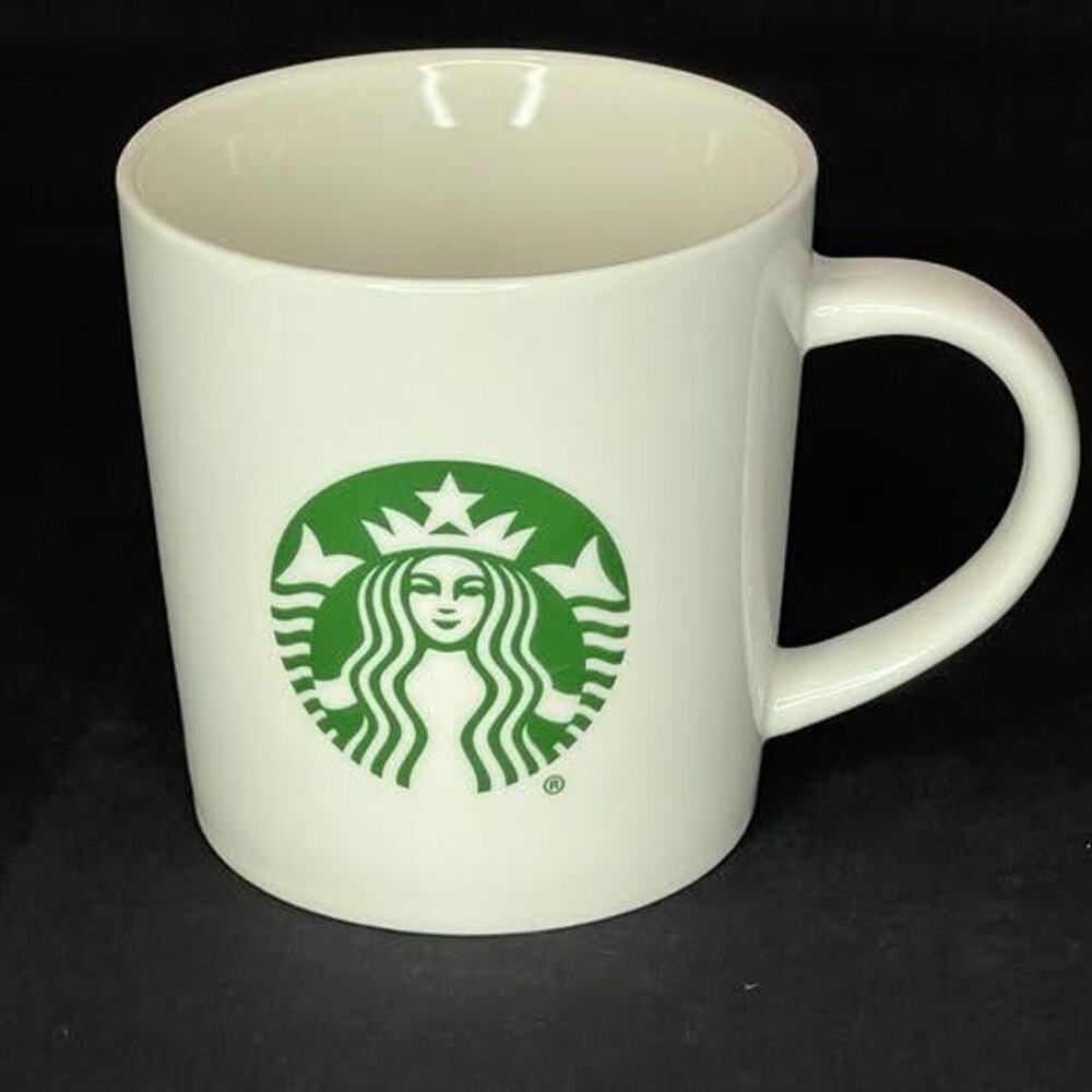 STARBUCKS MUG 12oz WHITE CERAMIC MUG/GREEN LOGO W BLACK